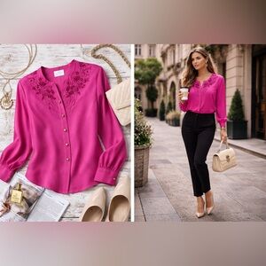 Liz Baker Pink Embroidered Blouse Size 12 Button Front Top